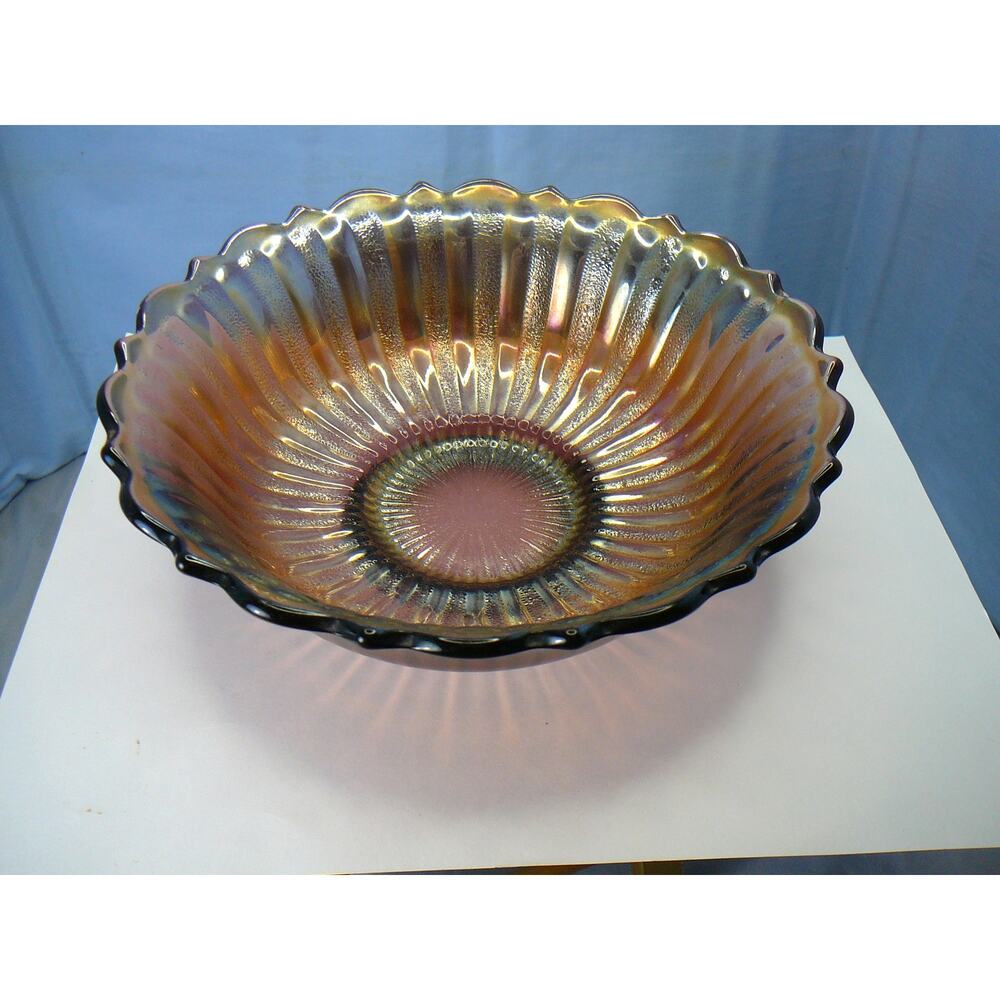 Vtg Fenton Amethyst Carnival Glass Stipped Rays Scalloped Edge Bowl